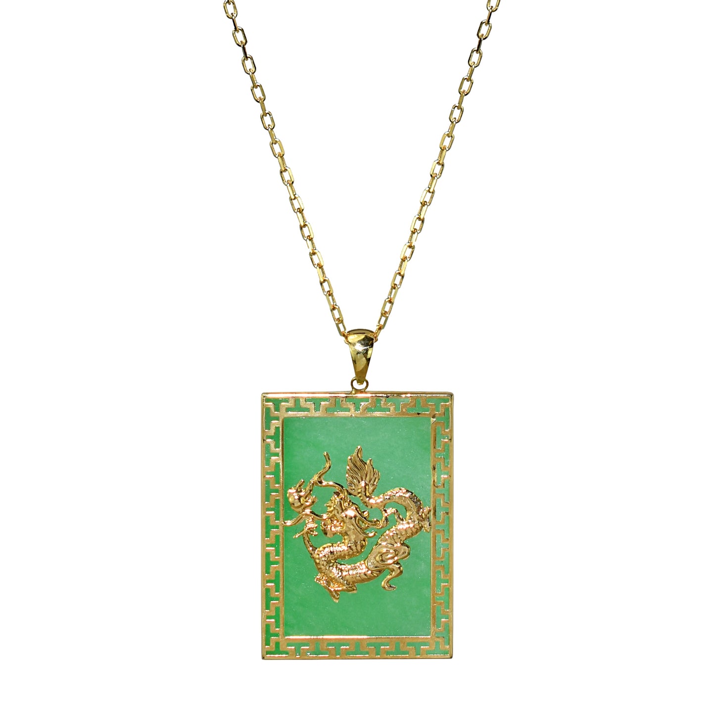 14k Dyed Green Jade Gold Dragon Rectangle Pendant Necklace 18"