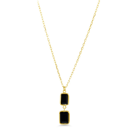 14k Yellow Gold Black Onyx 2 Rectangle Bezel Pendant Necklace 17"