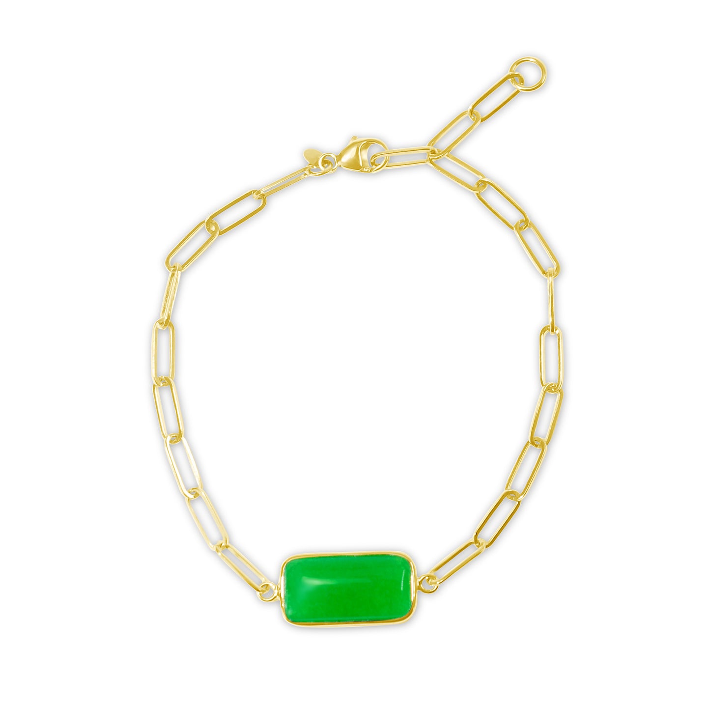 14k Green Jade Paperclip Chain Bracelet 7.75"