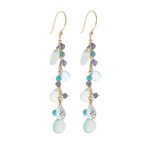 14k Blue Chalcedony, Blue Topaz, Turquoise, and Iolite Hook Dangling Earrings