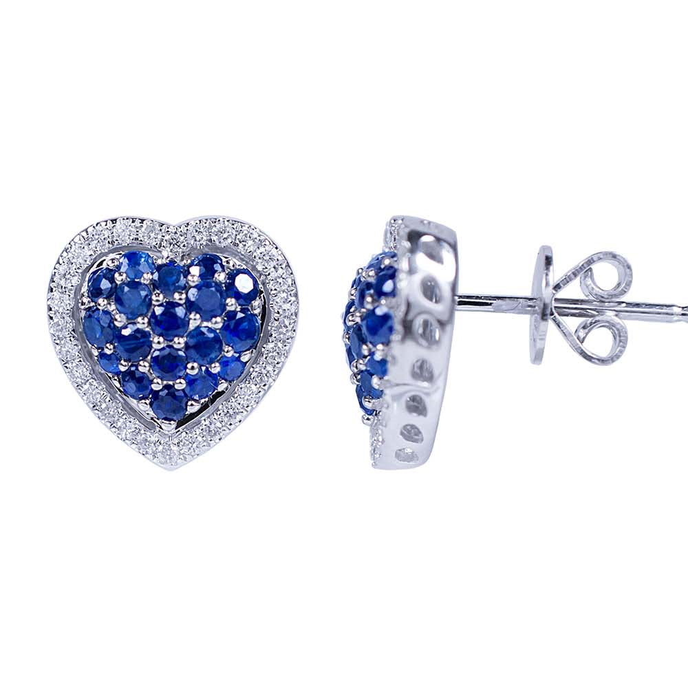 14k White Gold Sapphire Diamond Heart Shape Post Earring