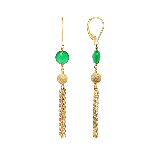 14k Green Onyx Gold Tassel Leverback Earring