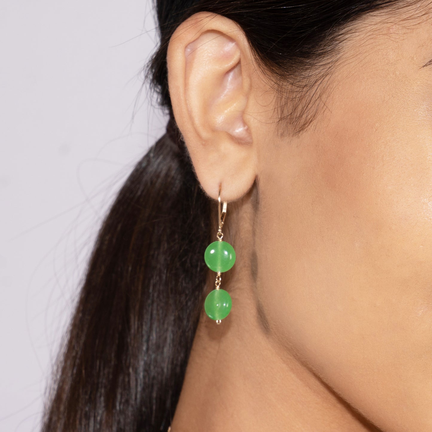 14k Green Jade Double Coin Leverback Earring