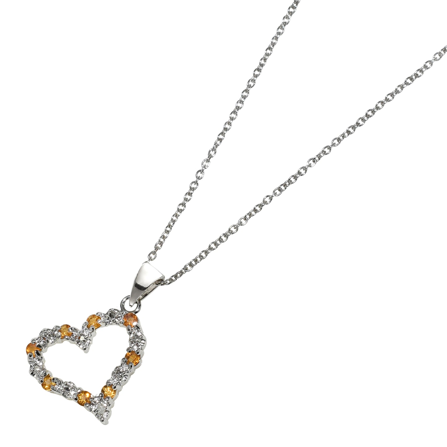 Sterling Silver Diamond & Citrine Open Heart Pendant Necklace 18"