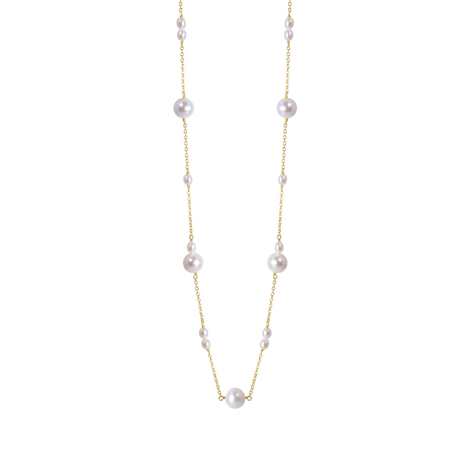 14k Yellow Gold White Pearl Station Necklace 18"