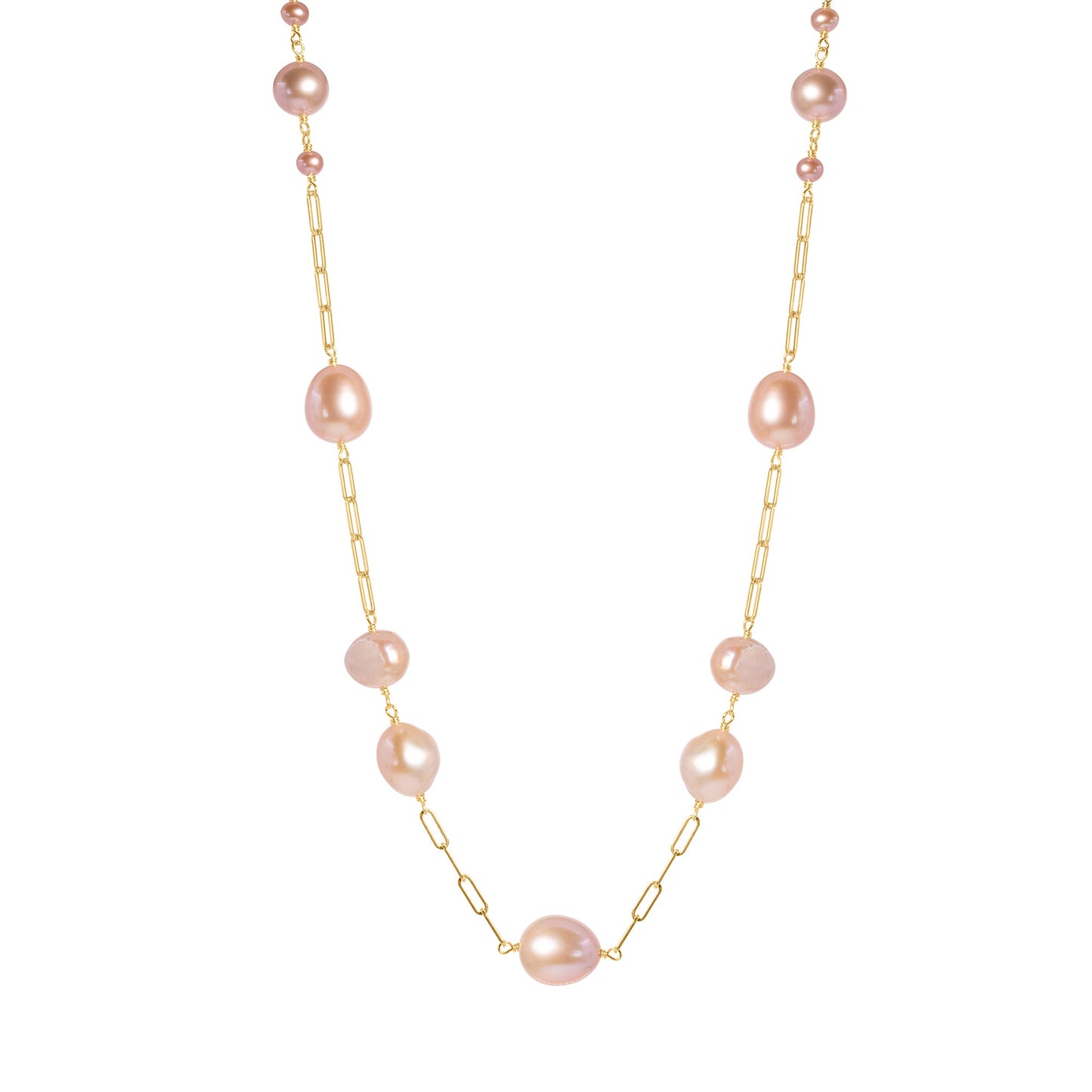 14k Pink Freshwater Pearl Paperclip Chain Station Necklace 18"