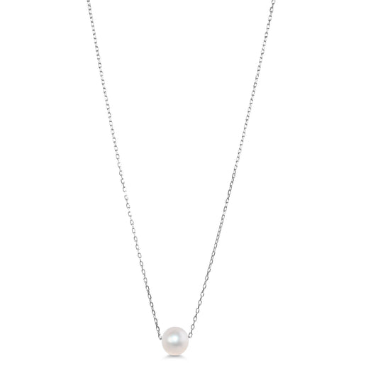 14k White Gold White Freshwater Pearl Ball Slider Pendant Necklace 17"