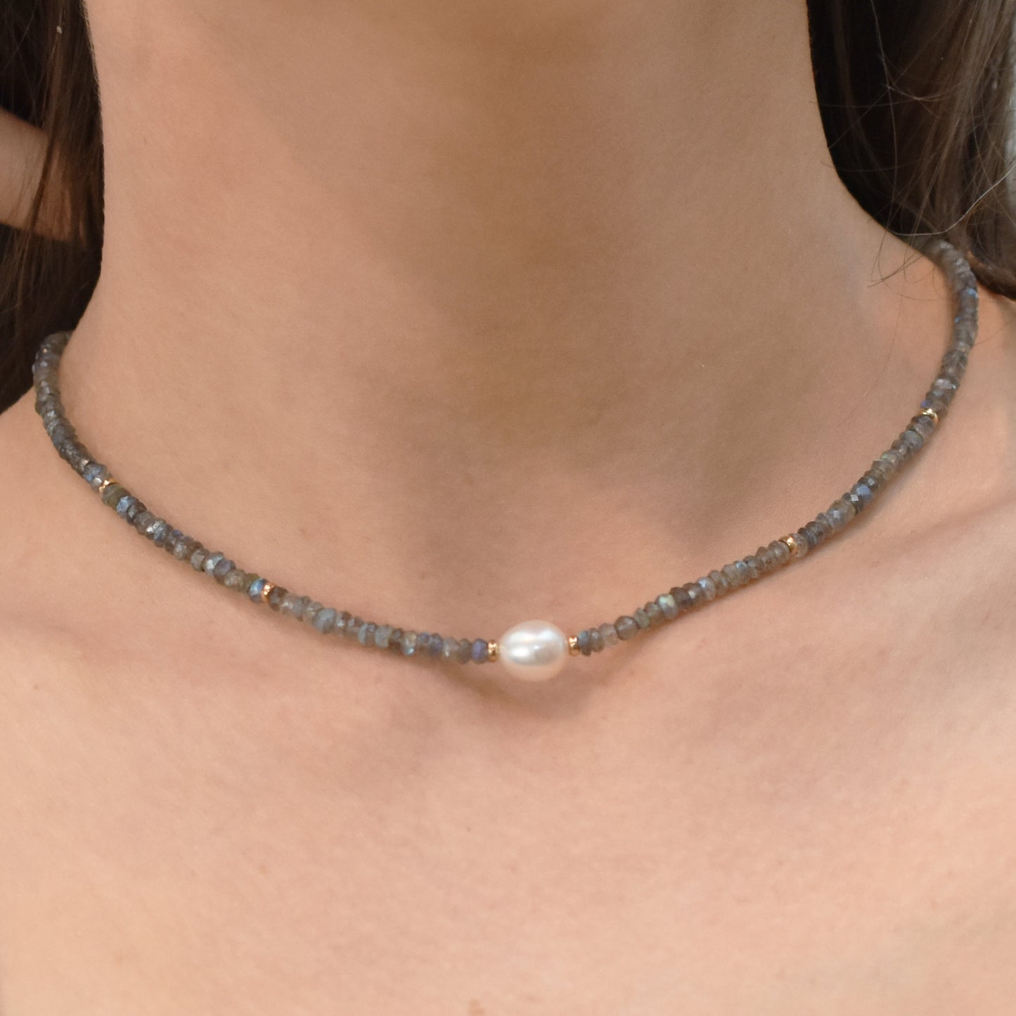 14k Gemstone Freshwater Pearl Center Necklace 17"