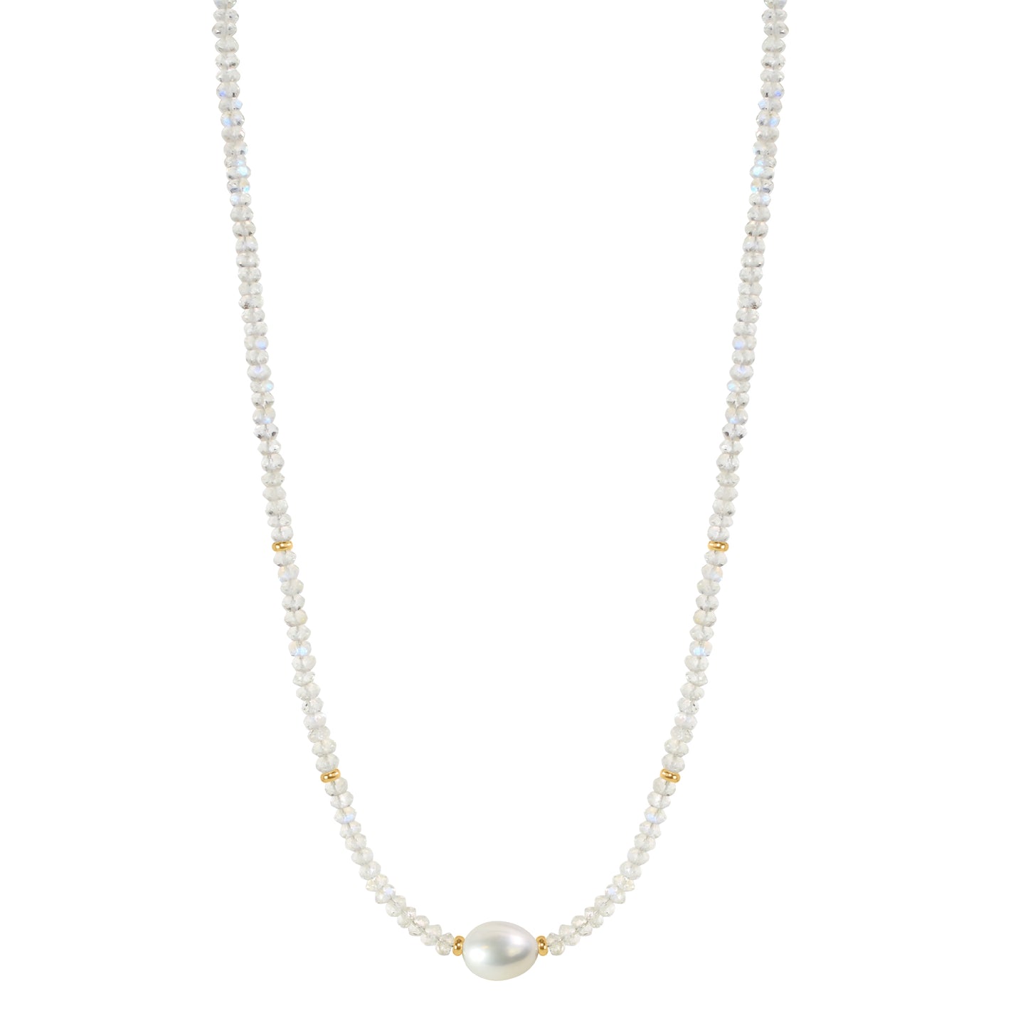 14k Rainbow Moonstone White Freshwater Pearl Necklace 17"