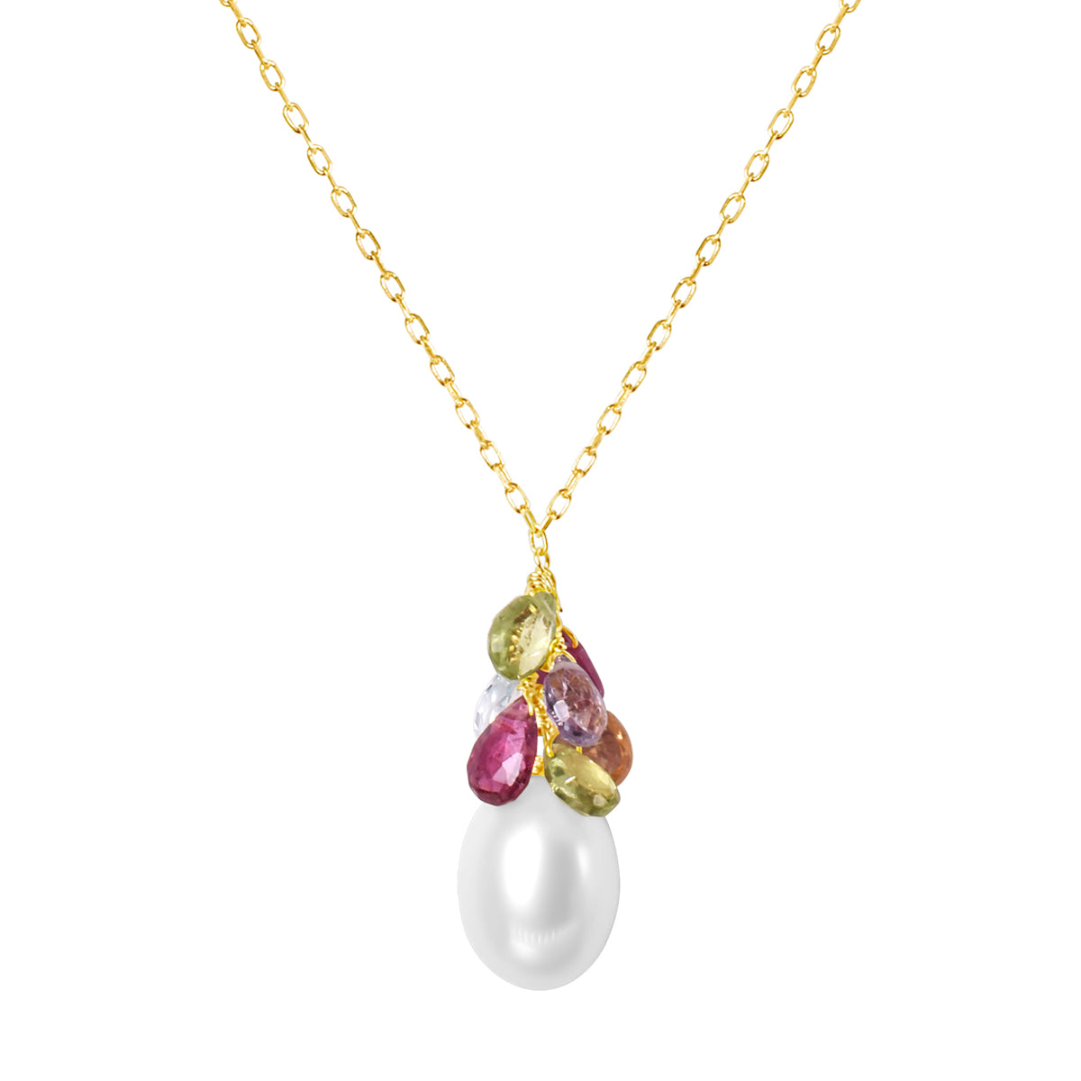 14k White OBL Freshwater Pearl, Peridot, Blue Topaz, Pink Tourmaline, and Amethyst Necklace 17" (14k wire)