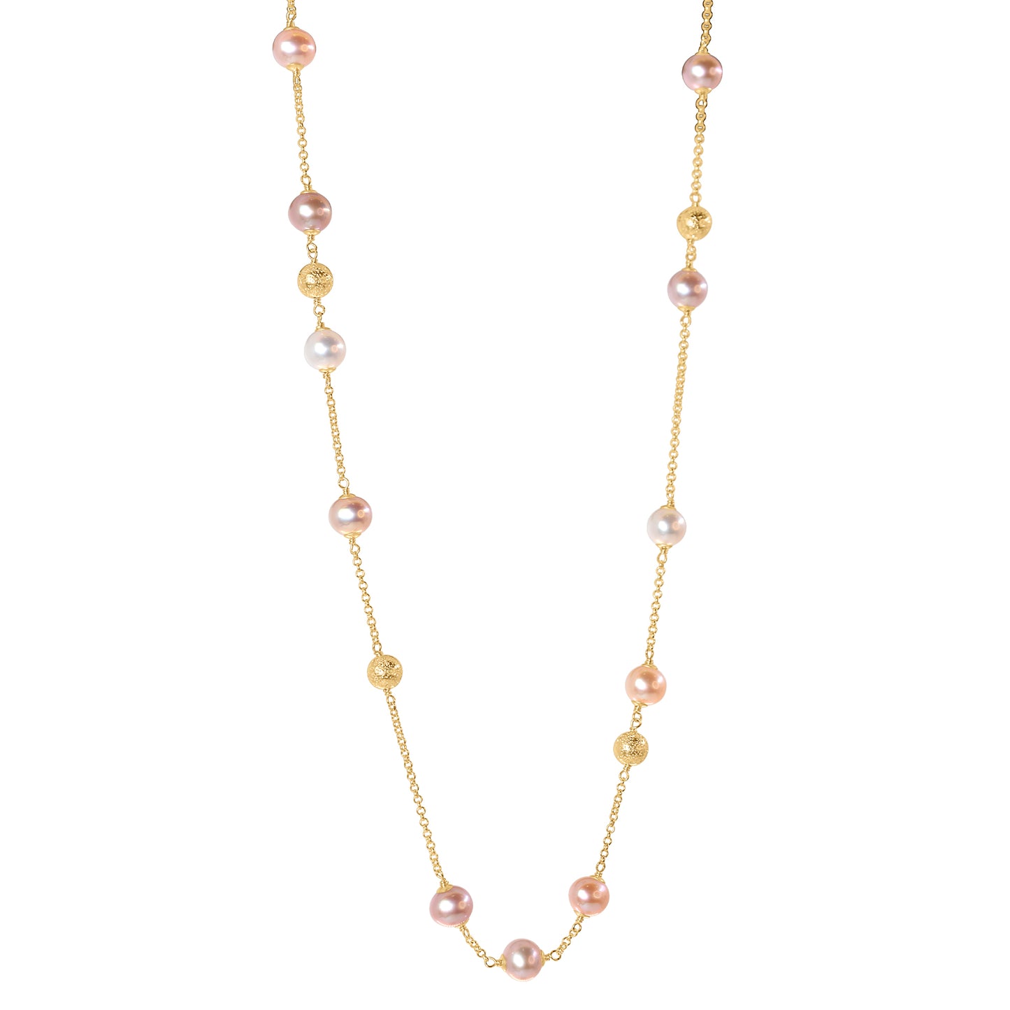 14k Pink & White Freshwater Pearl Gold Ball Station Necklace 18"