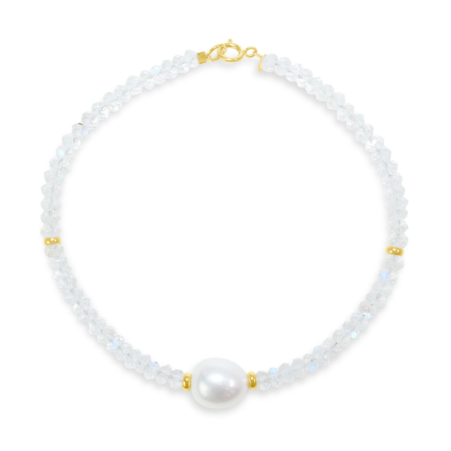 14k Rainbow Moonstone White Freshwater Pearl Bracelet 7.5"