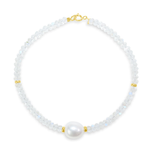14k Rainbow Moonstone White Freshwater Pearl Bracelet 7.5"