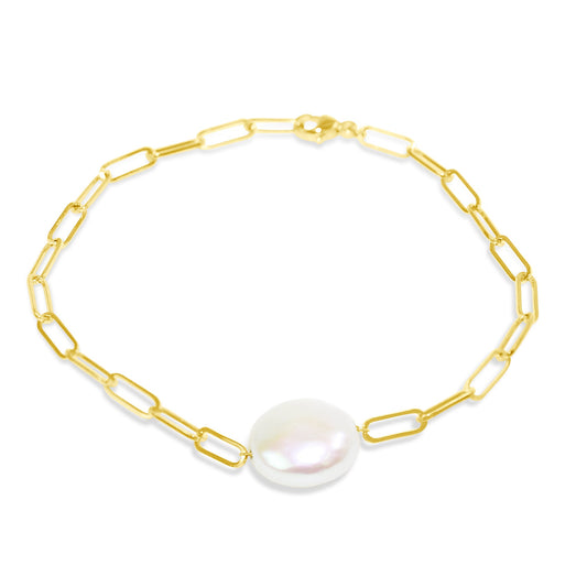 14k White Freshwater Coin Pearl Paperclip Chain Bracelet 7.75"