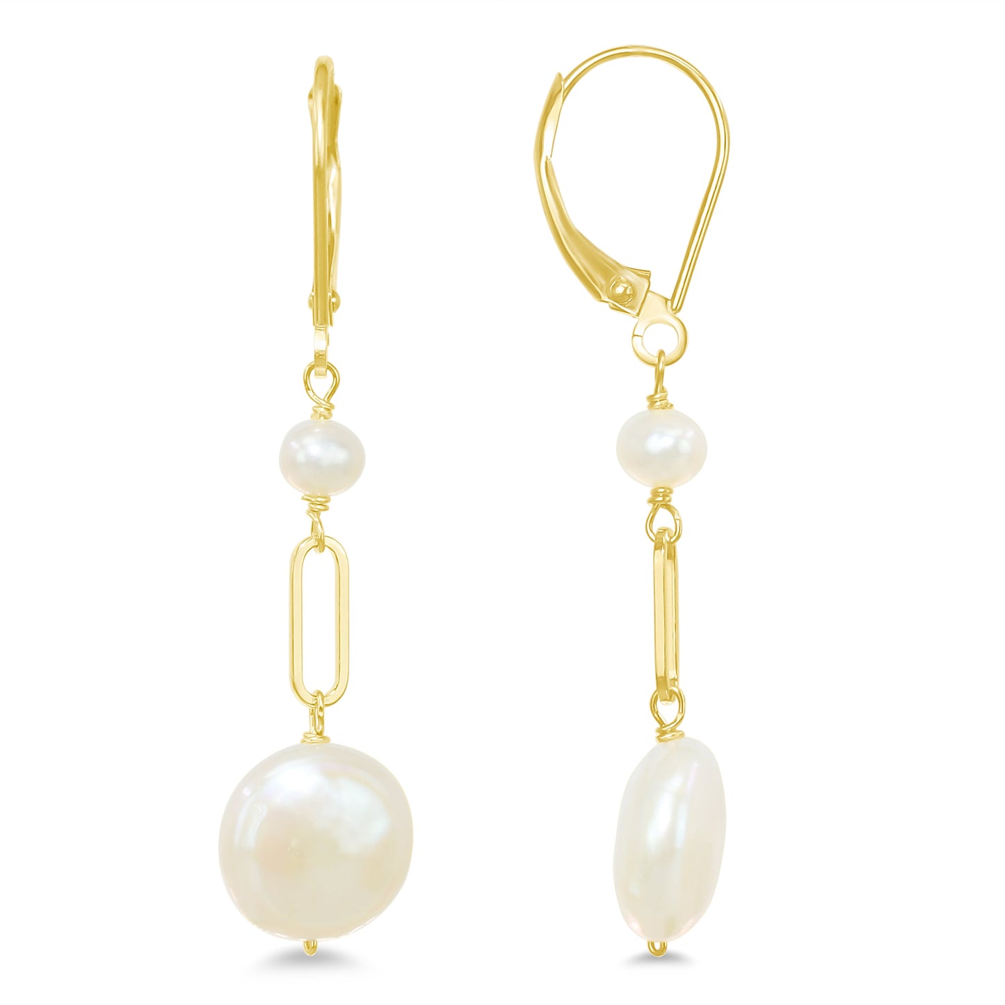 14k White Freshwater and Coin Pearl Paperclip Leverback Earring
