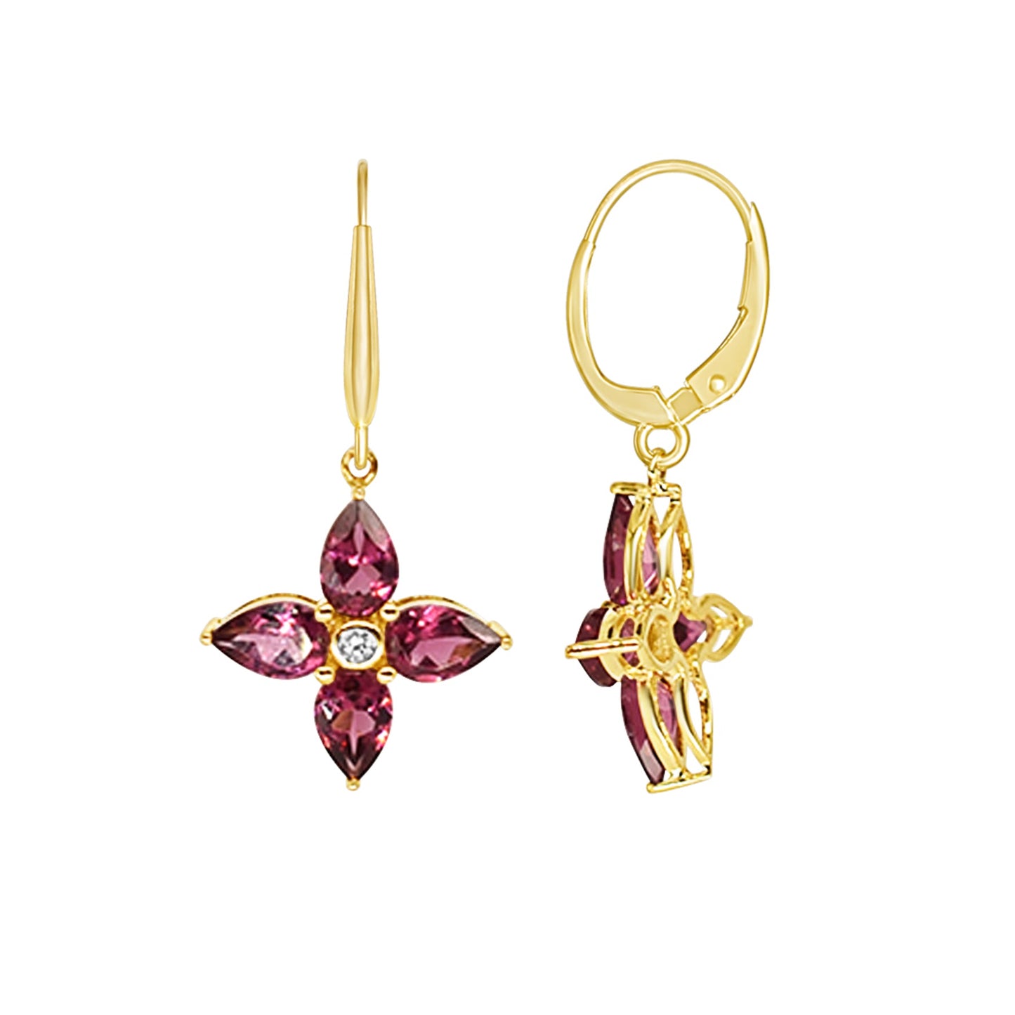 14k Rhodolite Garnet Diamond Flower Leverback Earring freeshipping - Jewelmak Shop